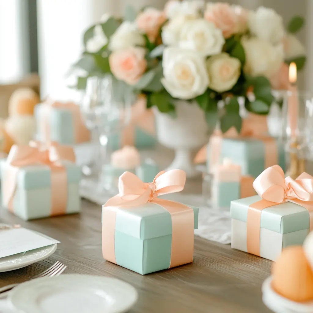 Des cadeaux bleu pastel avec rubans roses sont disposés sur une table, entourés de roses blanches et de verres.